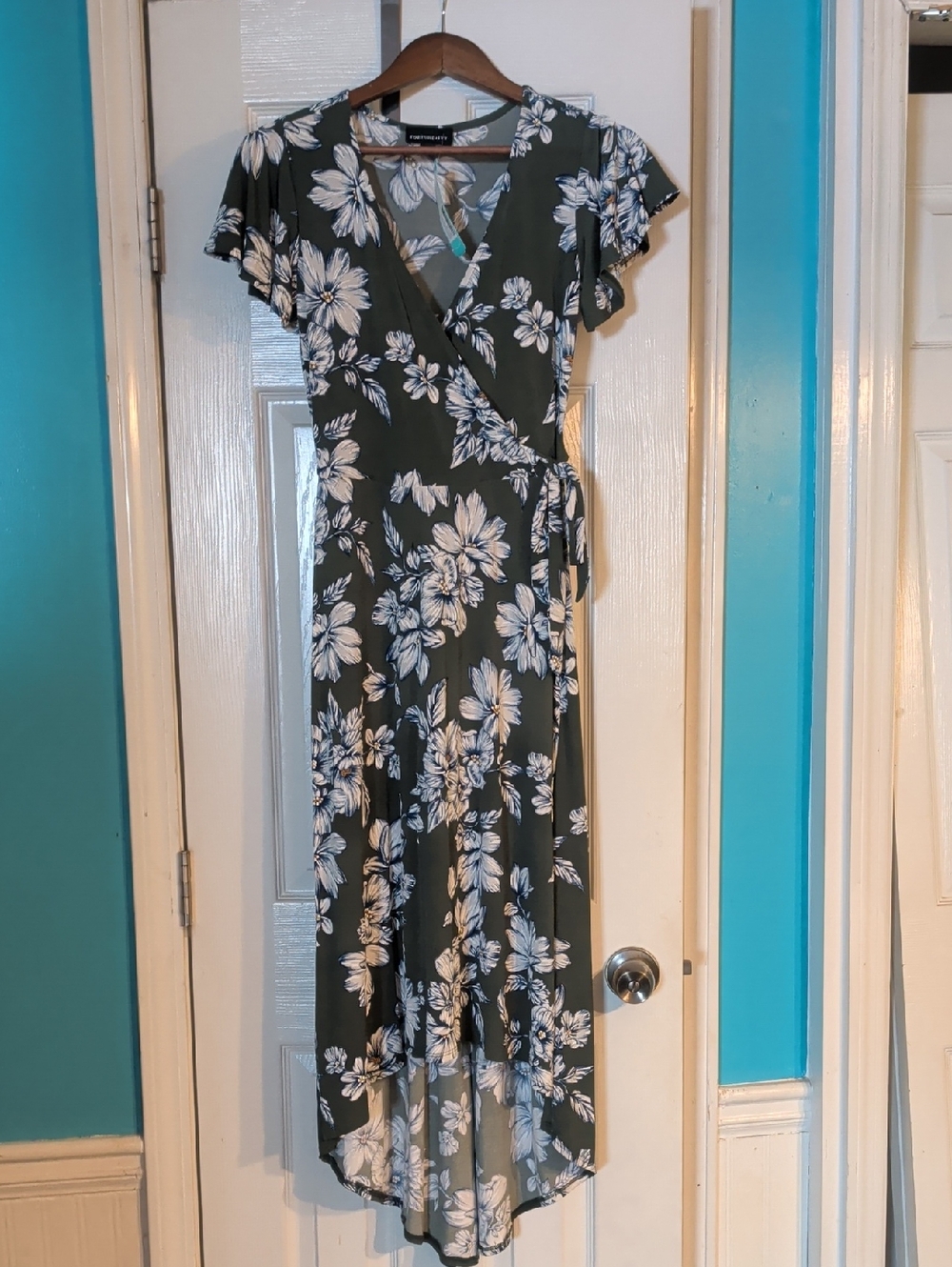 Floral Wrap High-Low Dress in Olive Green